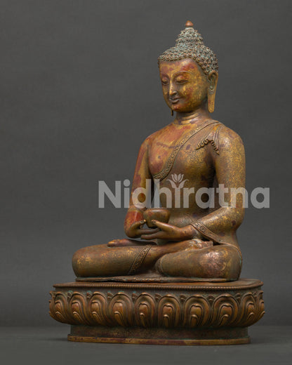 Side view of Amitabha Buddha statue showing intricate handcarved monk robe and Himalayan copper craftsmanship.