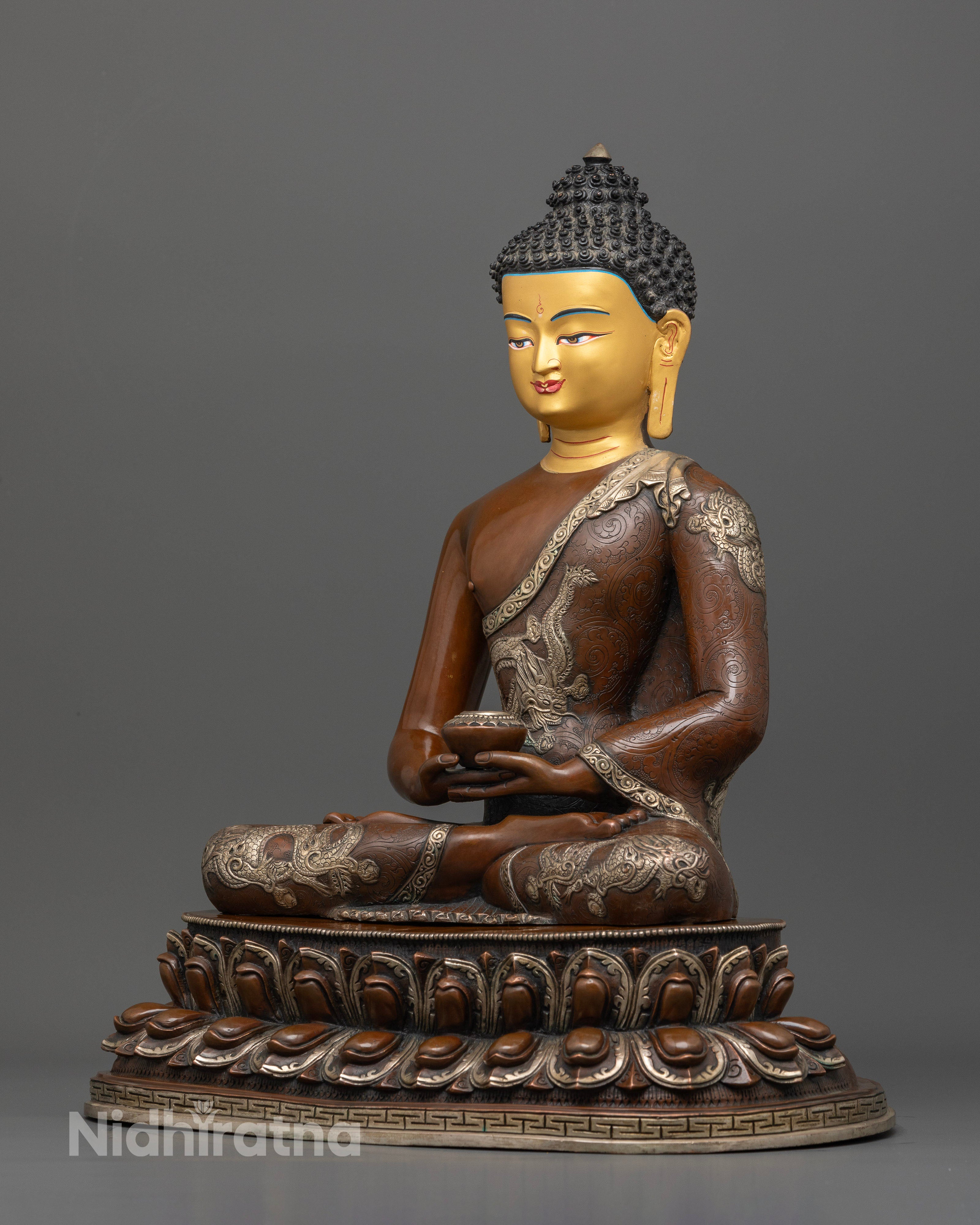 Side view of Amitabha Buddha statue with oxidized silver finish and detailed robe.