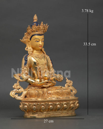 Side view of Amitayus Buddhist statue on lotus throne with fire gilded details
