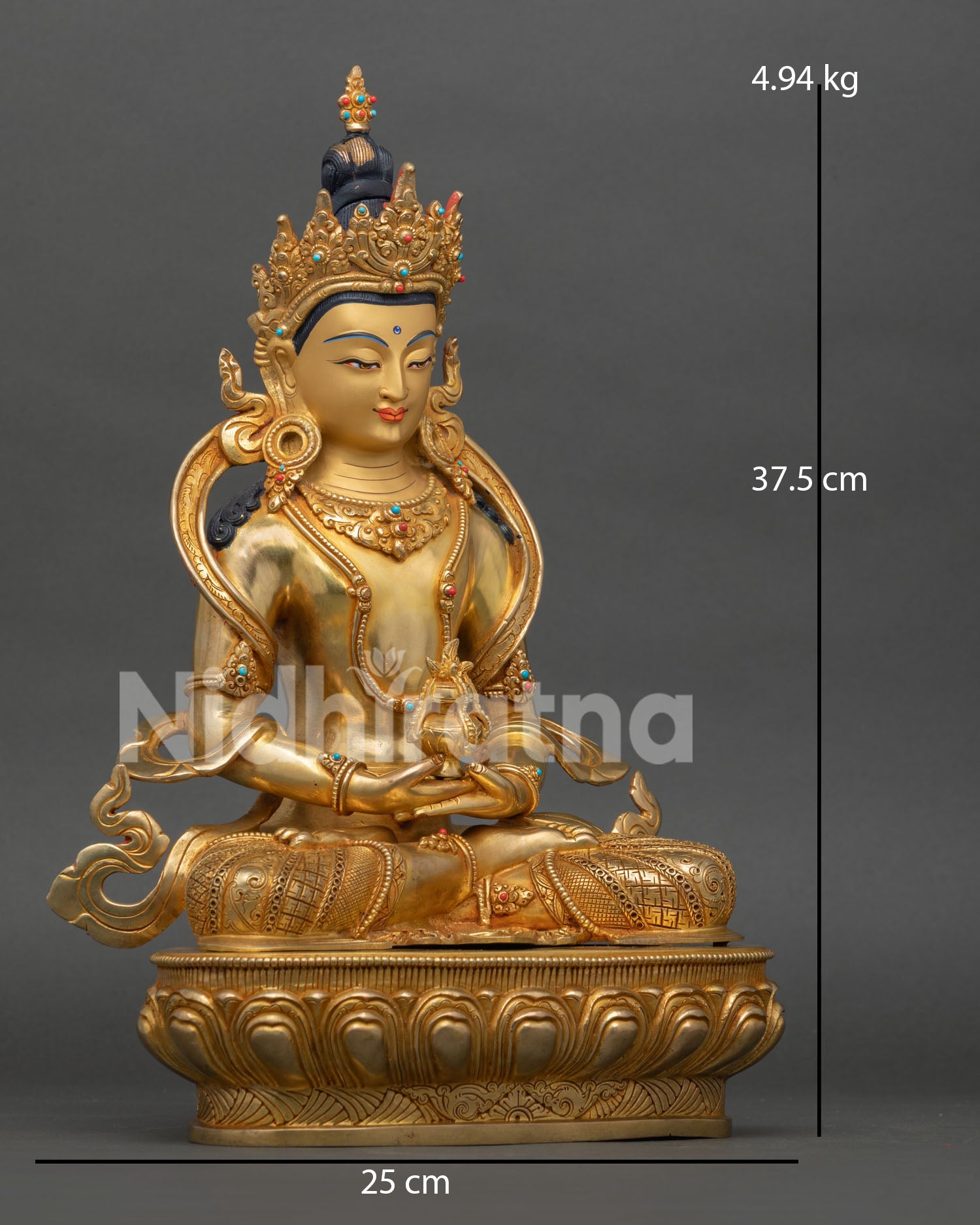 Side view of Amitayus sculpture holding immortality vase, symbolizing long life and healing