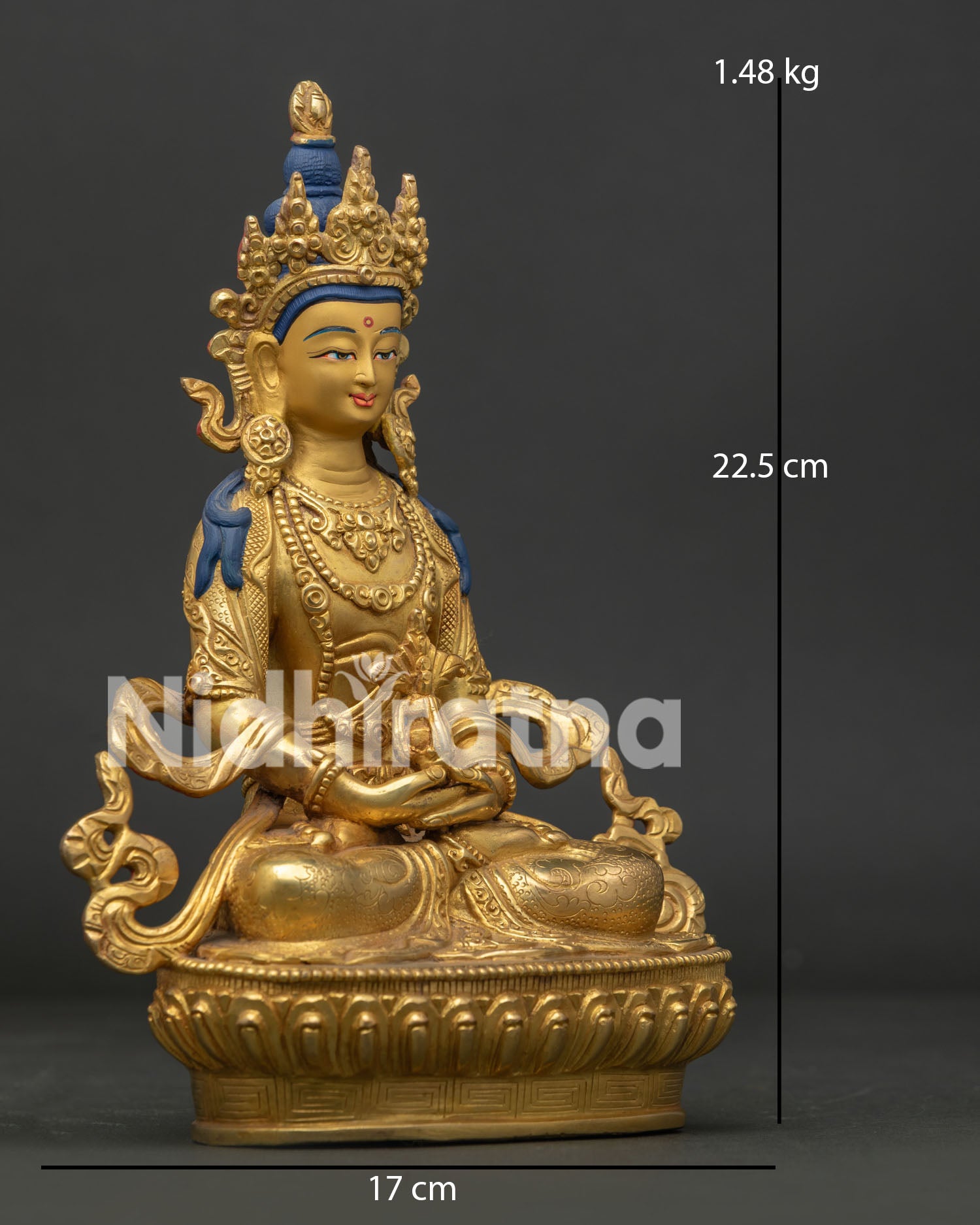 Side view of Amitayus Statue seated on lotus throne in Dhyana Mudra