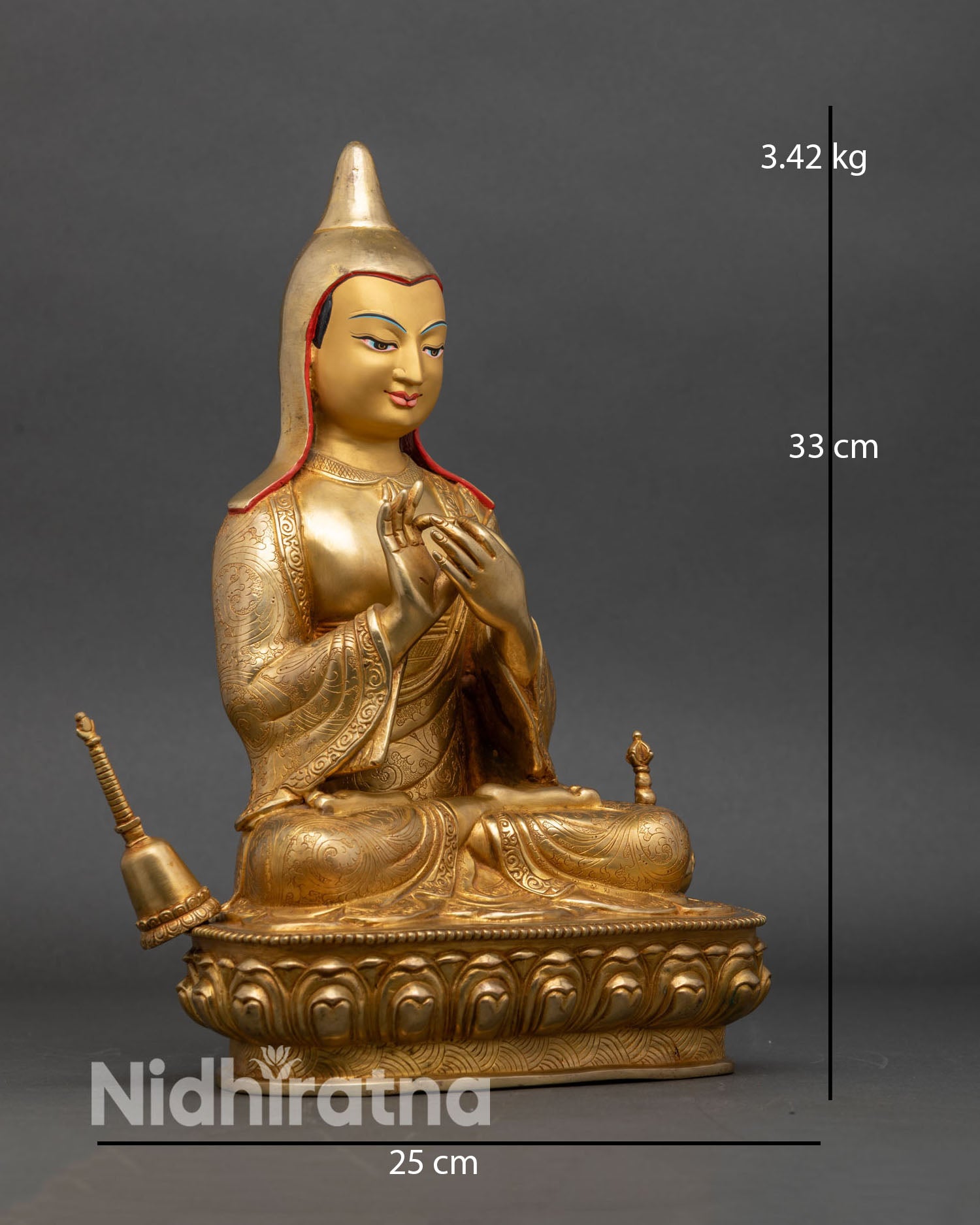 Side view of Atisha Dipankara statue stupa ritual vase hand engraved robes