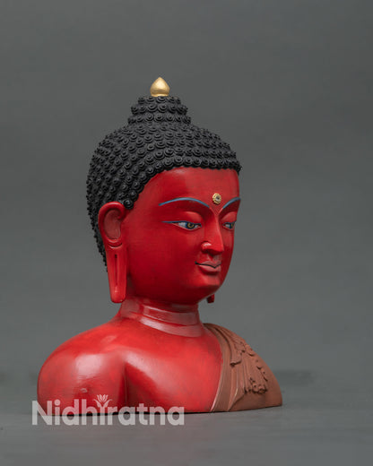 Side view of Buddha sculpture handcrafted in copper with detailed Himalayan artistry and acrylic color work reflecting traditional craftsmanship