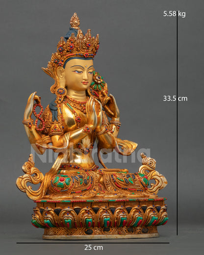 Side view of Chenrezig Avalokiteshvara statue seated on a lotus pedestal, holding a wish-fulfilling jewel and lotus flower