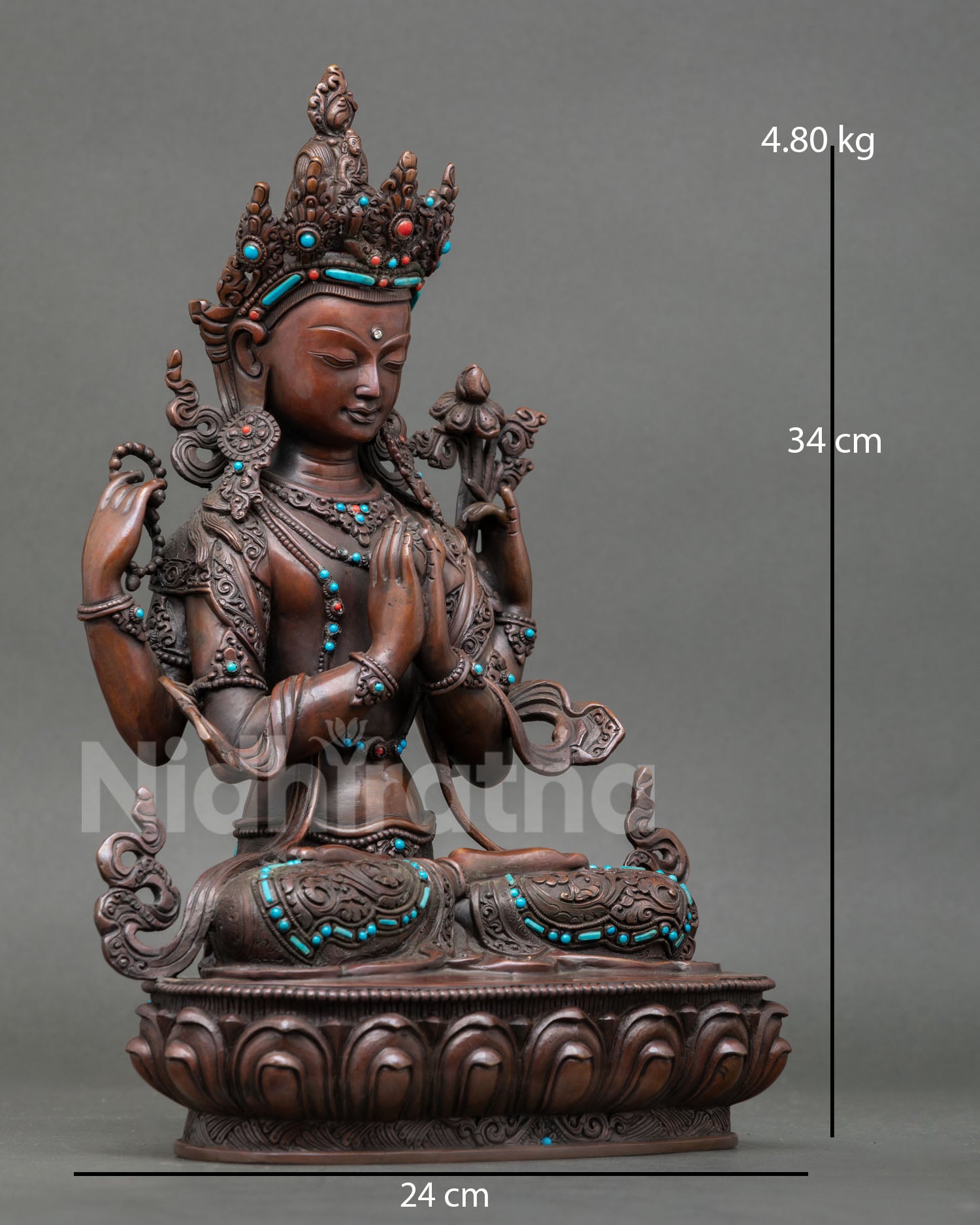 Side view of Chenrezig Bodhisattva statue highlighting lotus pedestal oxidized copper finish and intricate Himalayan Buddhist craftsmanship