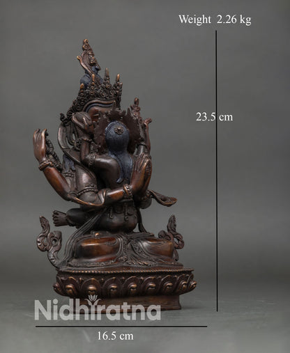 side view of chenrezig consort statue chenrezig with añjali mudra cintamani blooming blue lotus copper artisan