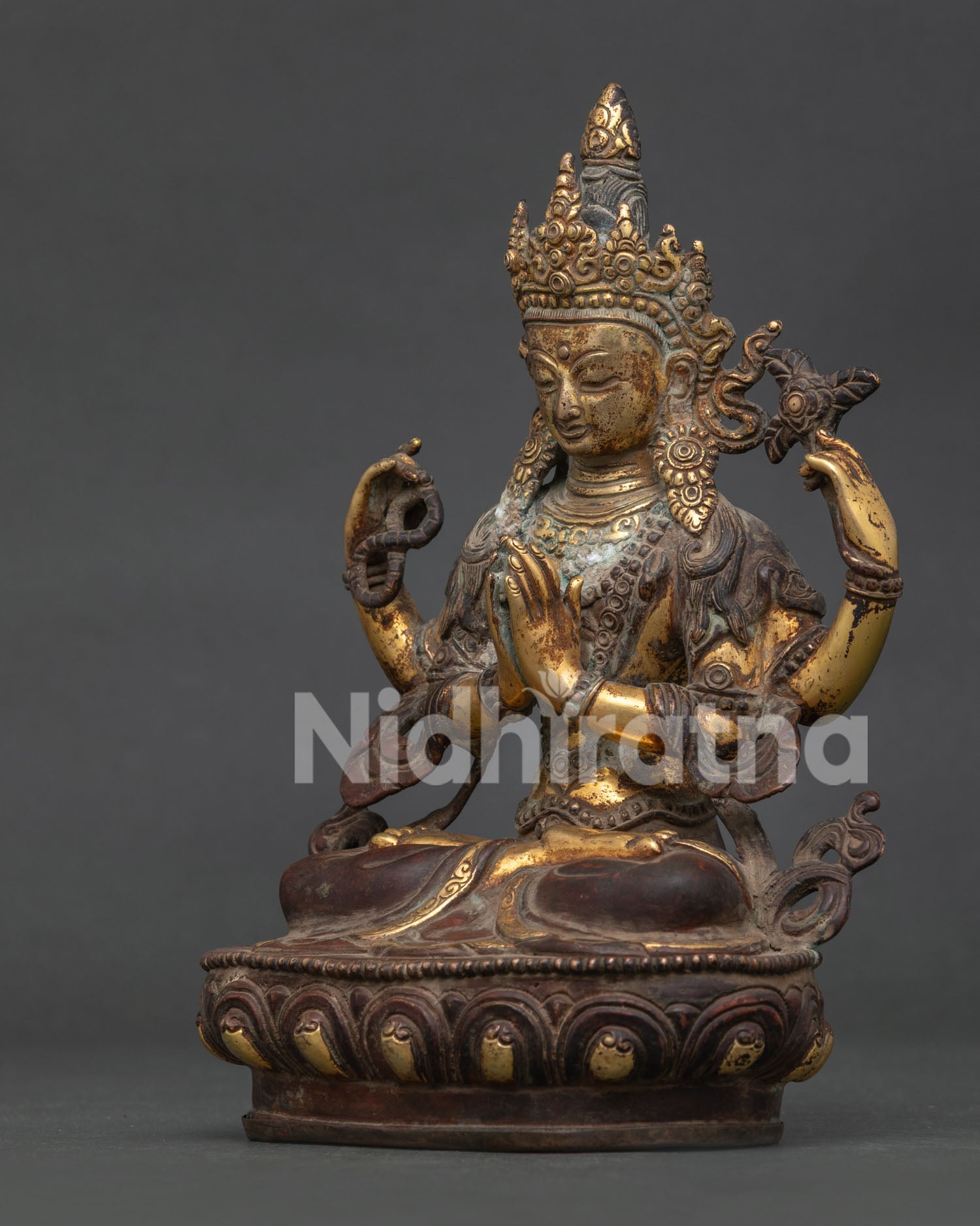 Side view of Chenrezig Statue with Anjali Mudra lotus pedestal and intricate craftsmanship.