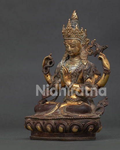 Side view of Chenrezig Statue with Anjali Mudra lotus pedestal and intricate craftsmanship.