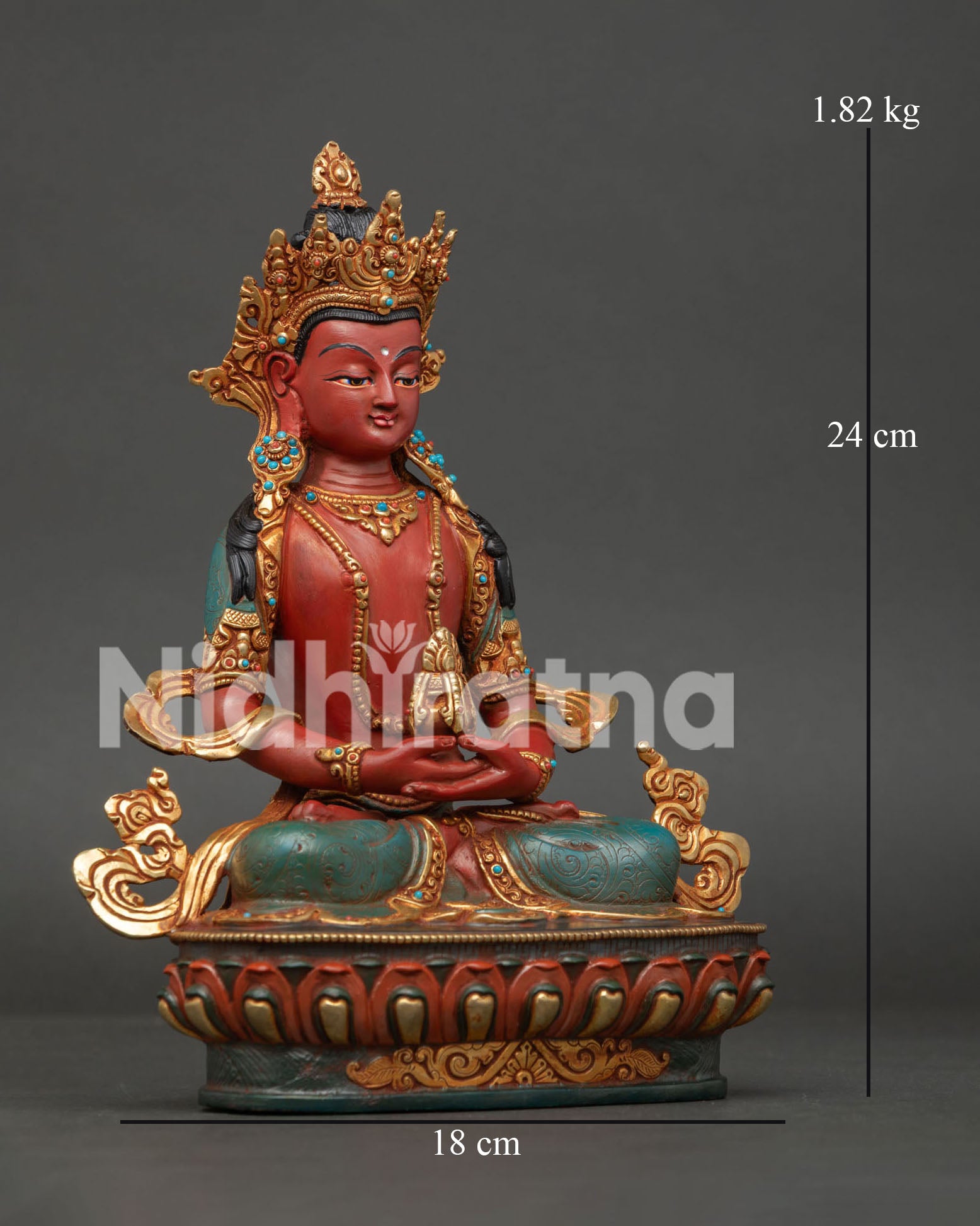 Side View of Copper Amitayus Statue Holding the Kalasha of Immortality in Traditional Tibetan Style
