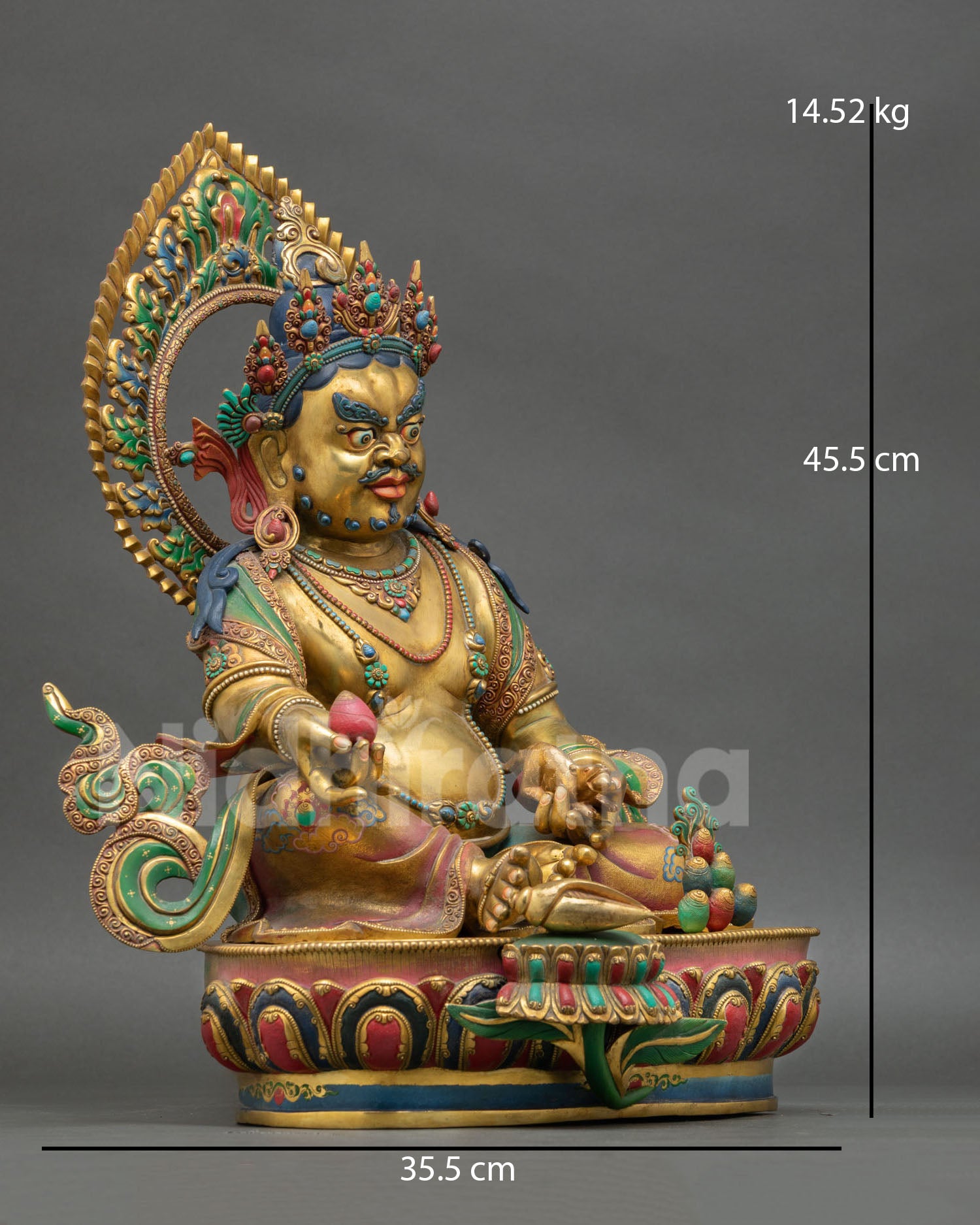 Side view of copper Dzambhala wealth deity statue crafted in Nepal with lotus seat
