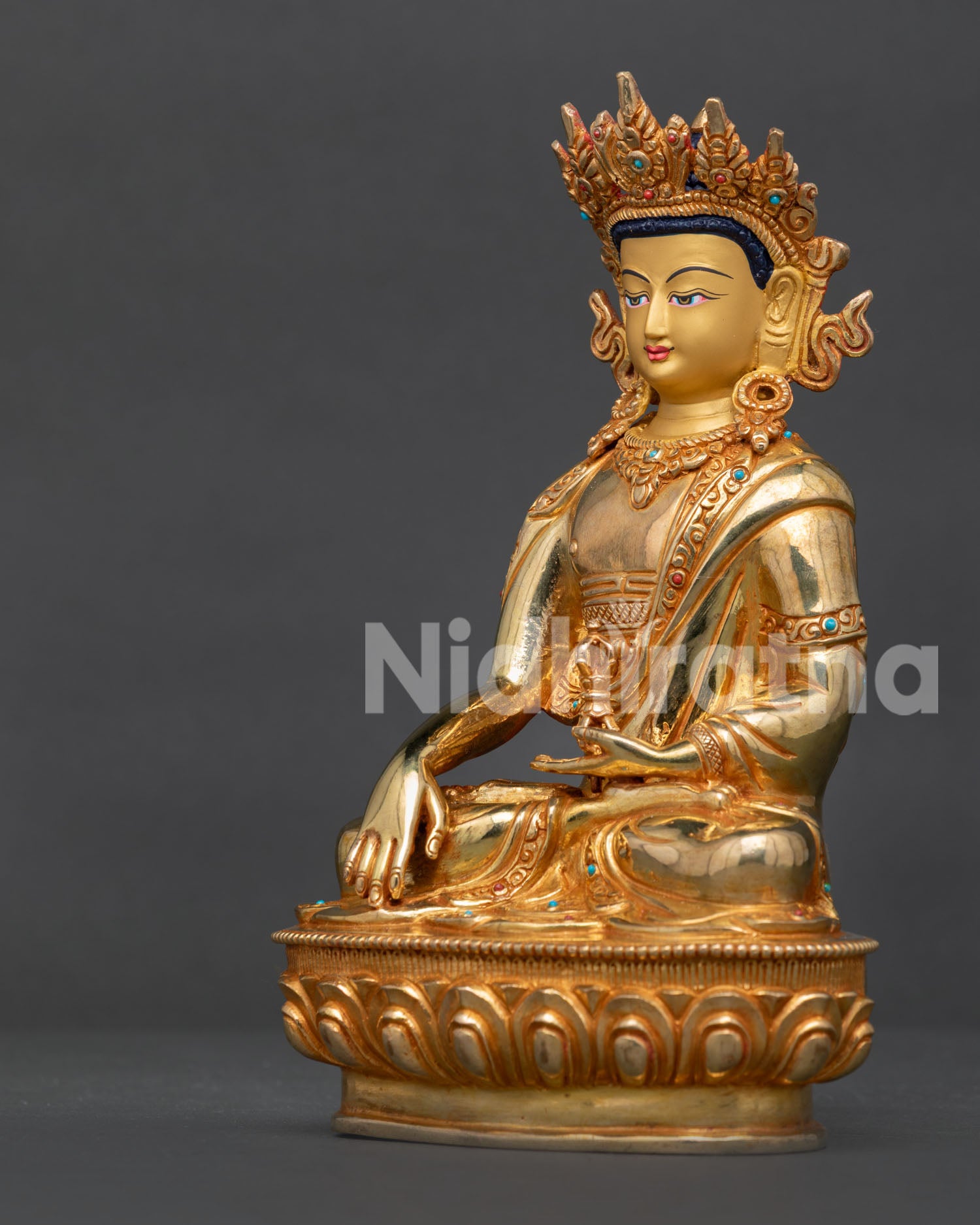Side View of Crown Mitrugpa Buddha Silk Garments with Traditional Motifs.