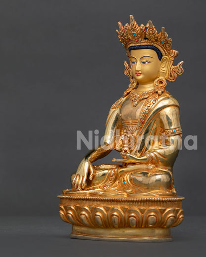 Side View of Crown Mitrugpa Buddha Silk Garments with Traditional Motifs.