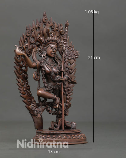 Side view of Dorje Phagmo in dancing posture holding kartika and kapala, oxidized copper tantric Buddhist deity statue in Himalayan art style.