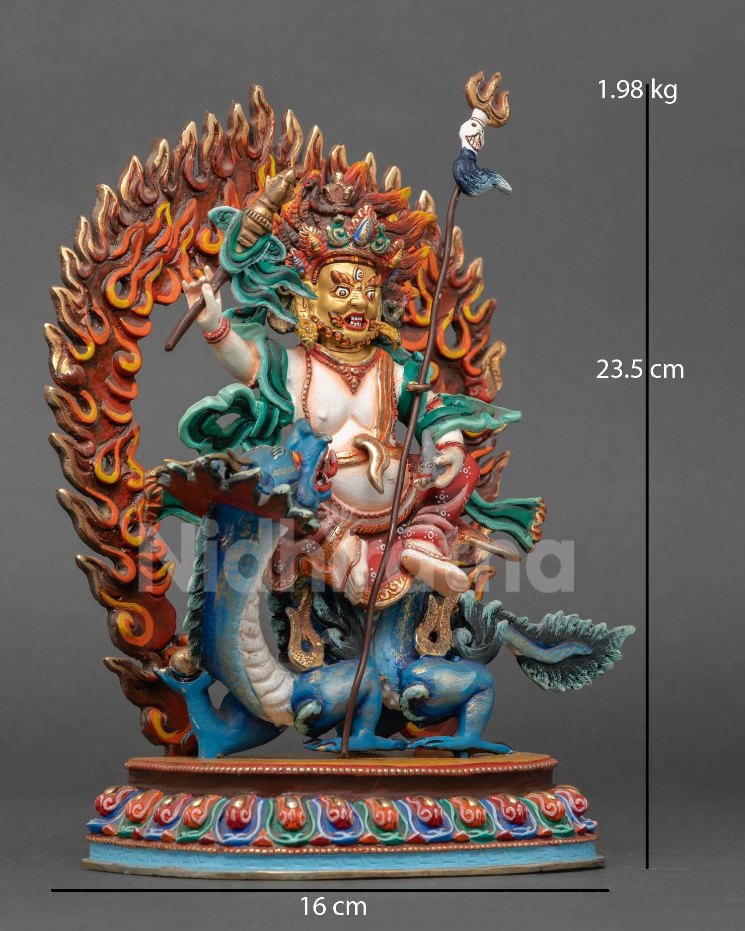 Side view of Dragon Kubera supporting White Dzambhala holding staff, ritual scepter, and mongoose representing prosperity and obstacle removal