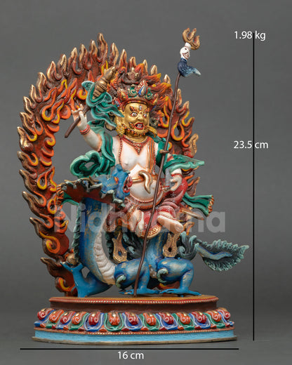 Side view of Dragon Kubera supporting White Dzambhala holding staff, ritual scepter, and mongoose representing prosperity and obstacle removal