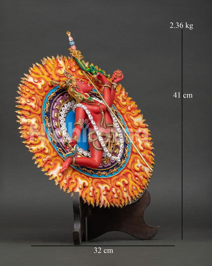 Side view of Flying Vajrayogini Statue revealing graceful movement, elaborate adornments, and handcrafted Nepalese metalwork
