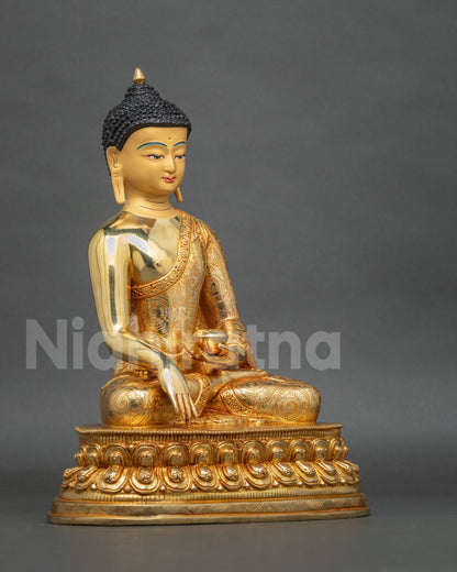 Side view of Gautama Buddha Statue showing the Earth-Touching Mudra, sacred patra bowl, and intricate Nepalese Buddhist craftsmanship.