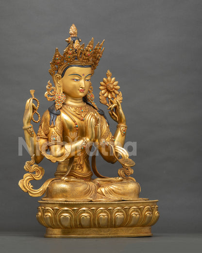 Side view of gilded Chenrezig Avalokiteshvara statue on lotus throne, handcrafted in Nepal