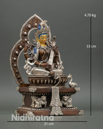 Side view of Goddess Saraswati statue holding vina in graceful posture symbolizing knowledge and continuous flow of divine inspiration