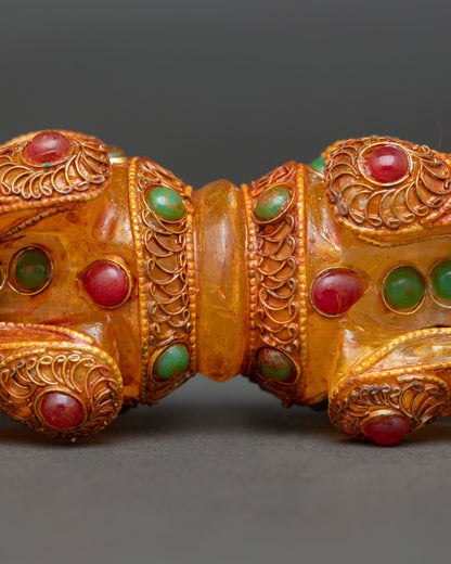 Side View of Gold Gilded Vajra with Crystal Core and Stone Accents