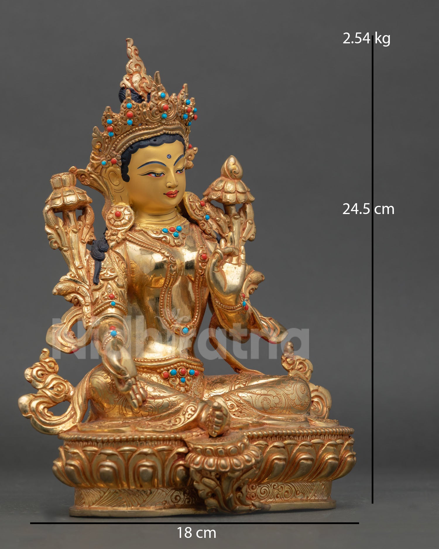 Side view of Green Tara statue crafted using lost wax casting with detailed gold and copper finishing