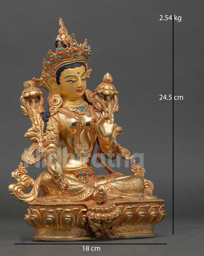 Side view of Green Tara statue crafted using lost wax casting with detailed gold and copper finishing