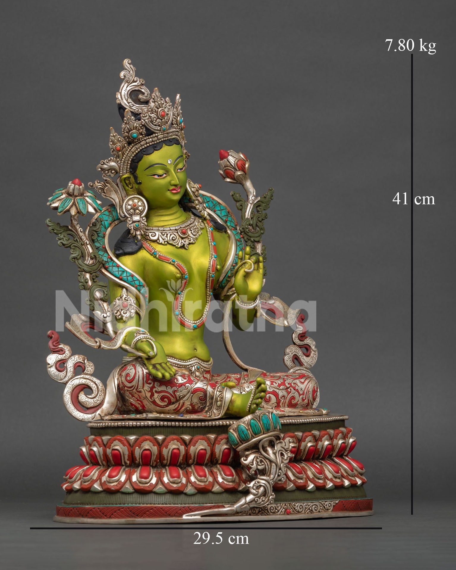 Side view of Green Tara Statue revealing copper casting techniques elegant ornaments and authentic Himalayan Buddhist artistry