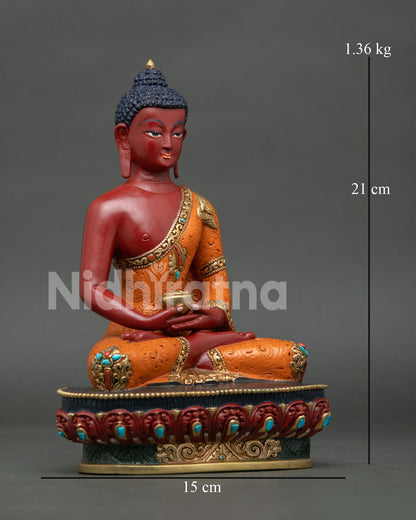 Side view of hand-painted Amitabha Buddha sculpture with ornate lotus pedestal