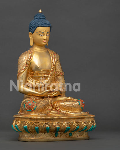 Side view of handcrafted Amitabha Buddha Statue highlighting copper craftsmanship, gemstone adornments, and meditation posture