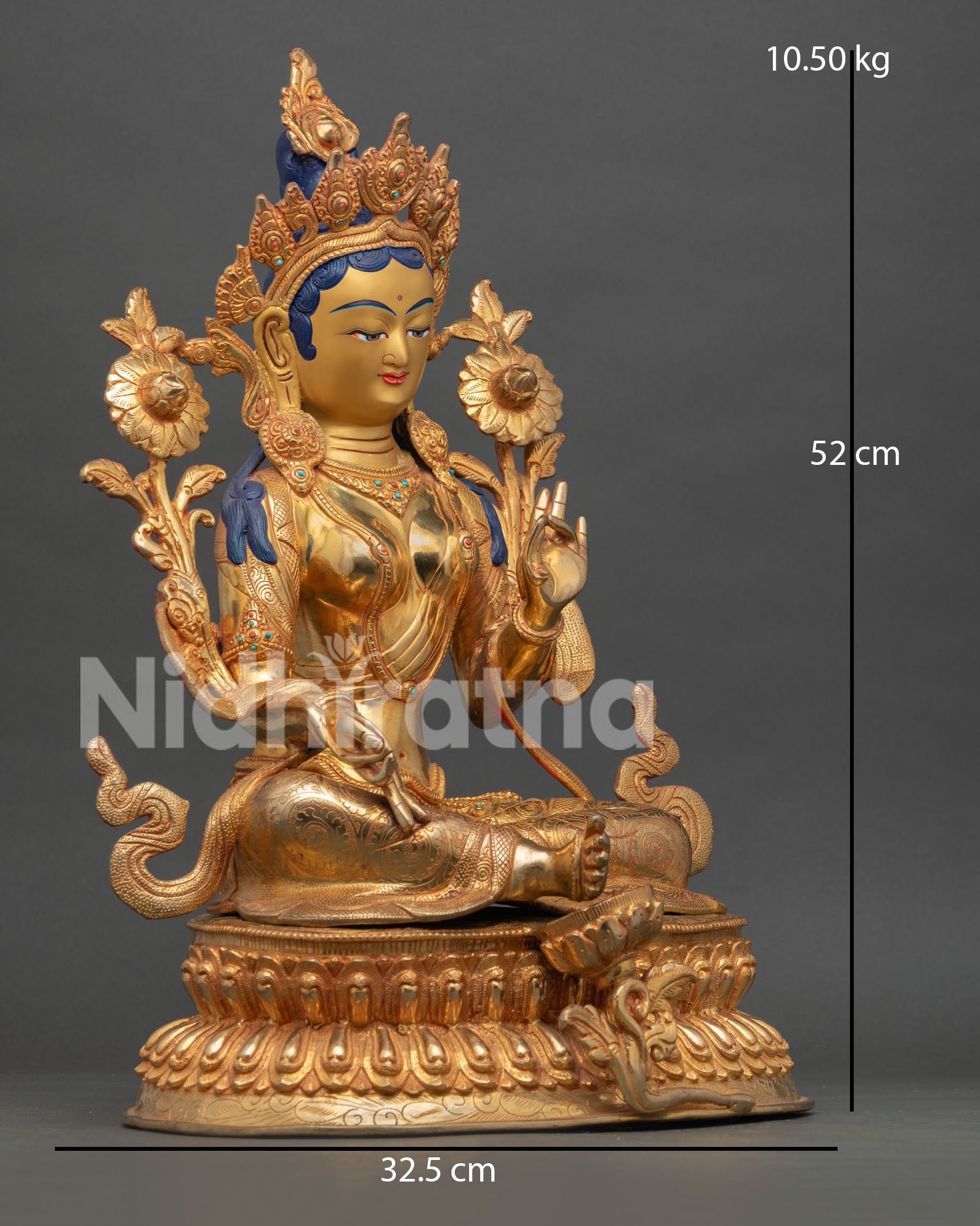 Side view of handcrafted Green Tara statue with gold gilded finish and sacred Himalayan Buddhist details