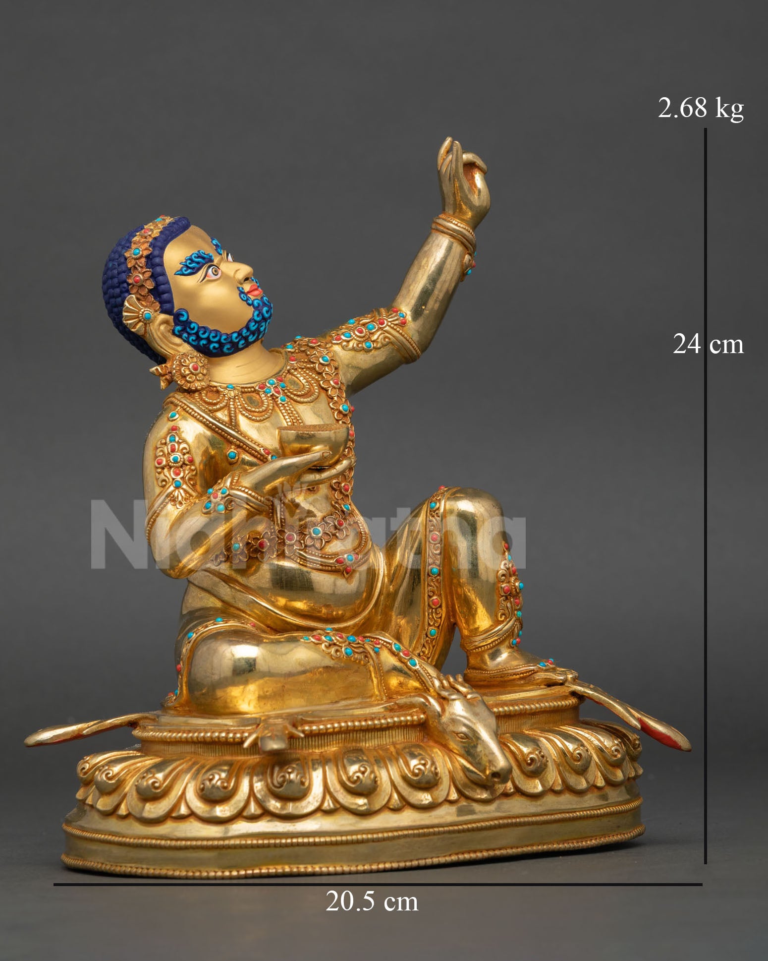 Side view of handcrafted Virupa sculpture showing raised hand gesture and intricate jewelry details