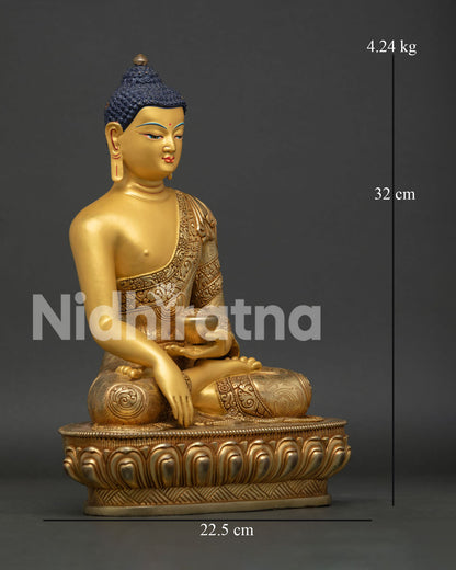 Side View of Handmade Buddha Shakyamuni Statue on Lotus Pedestal with Patra Bowl
