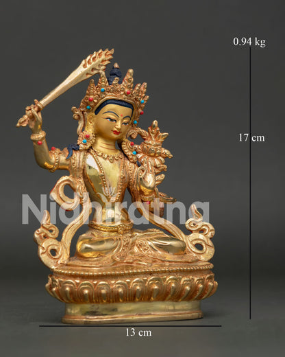Side View of Handmade Manjushri Statue from Nepal with Prajnaparamita Sutra