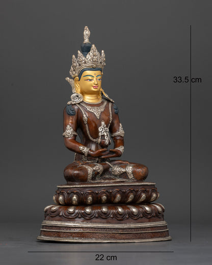 Side view of Himalayan Amitayus statue seated on lotus pedestal with sacred longevity vase