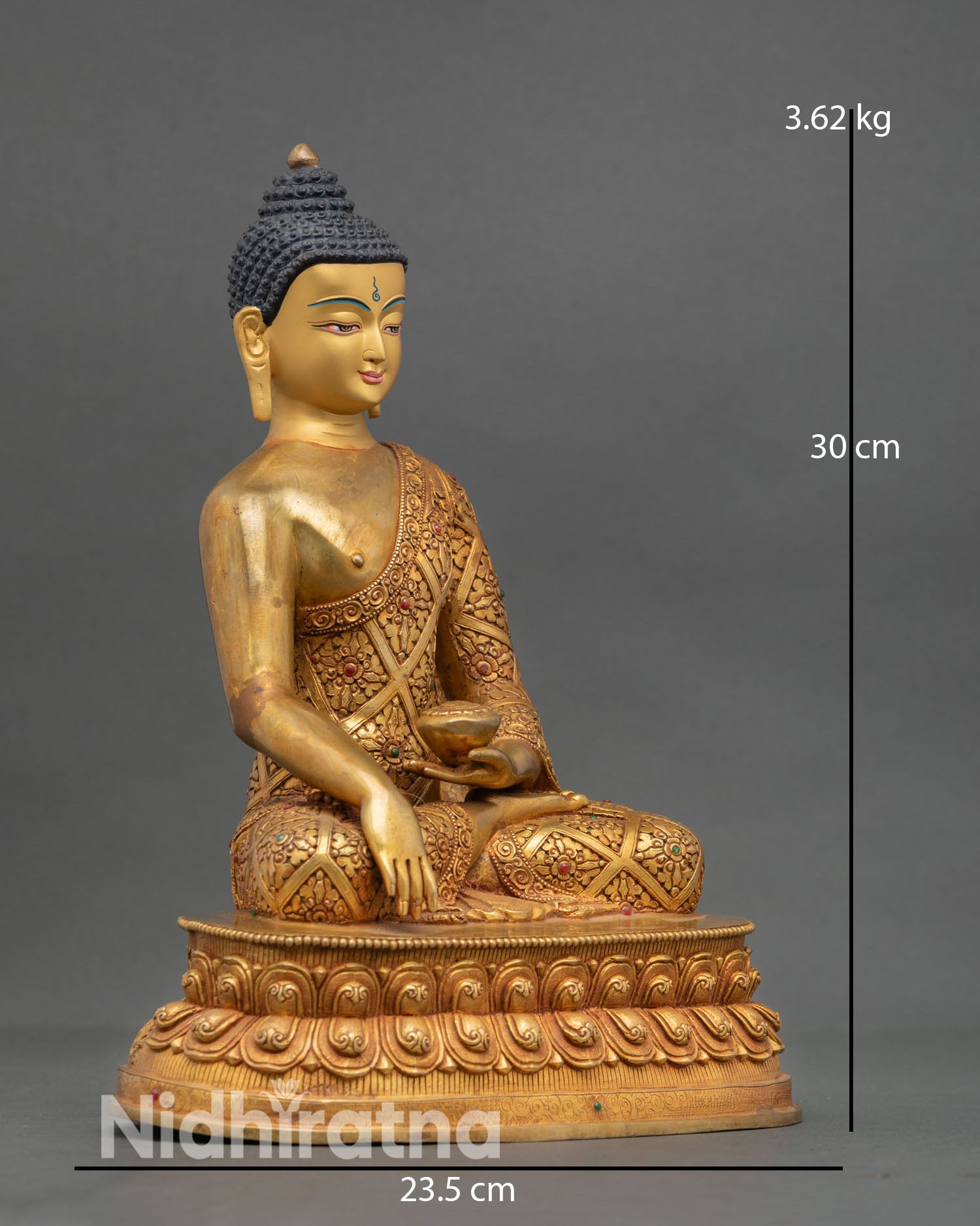 Side view of Himalayan Buddha statue depicting serene meditation posture with intricate carvings and traditional Newari craftsmanship from Nepal