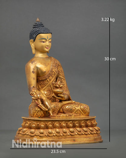 Side view of Himalayan healing Buddha statue depicting seated lotus posture with intricate floral scroll carvings and traditional Newari craftsmanship from Patan Nepal