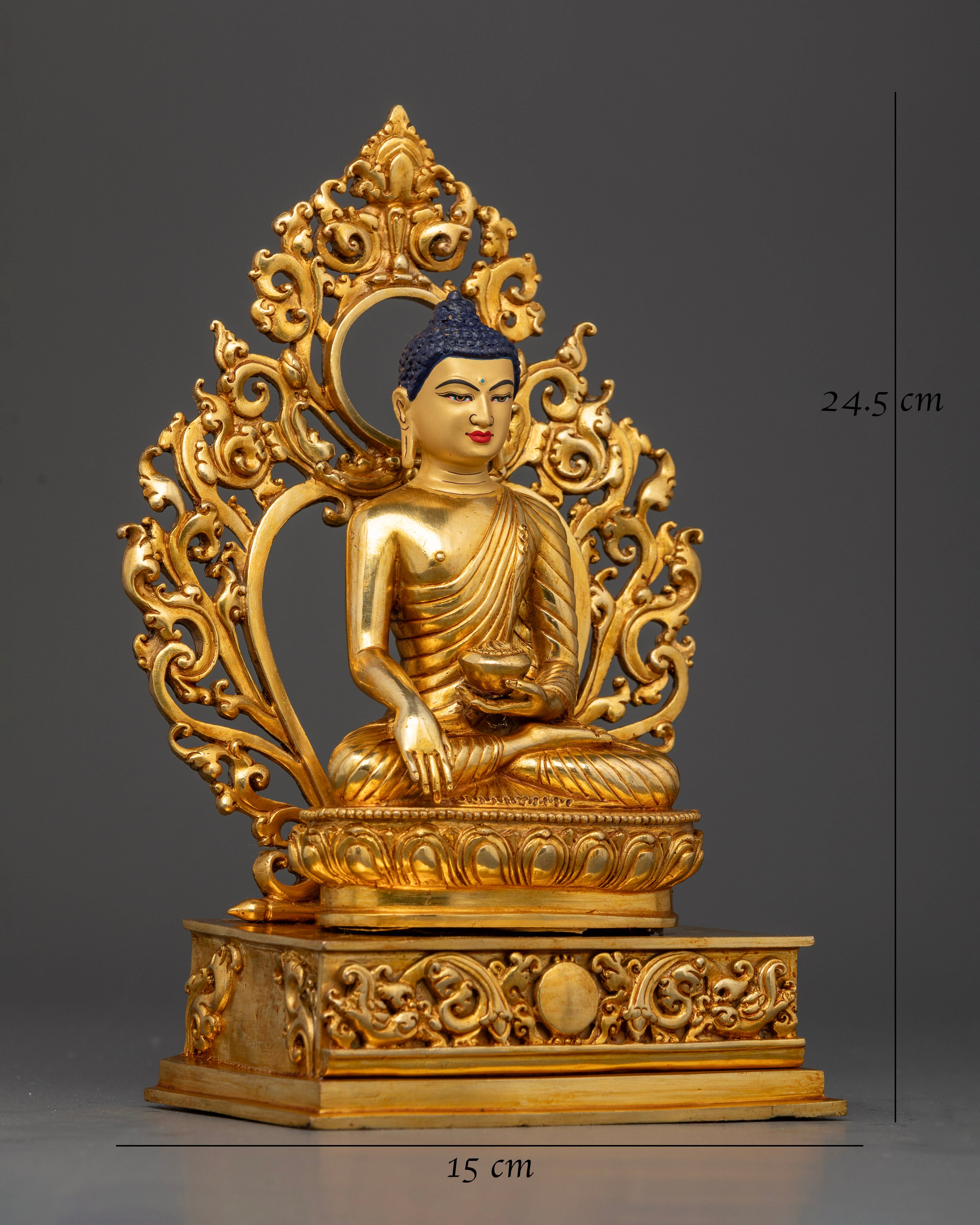 Side View of Himalayan Shakyamuni Buddha Copper Statue with Lotus Pedestal and Halo