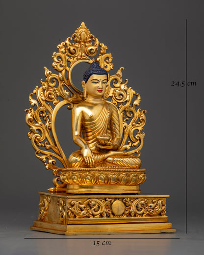 Side View of Himalayan Shakyamuni Buddha Copper Statue with Lotus Pedestal and Halo