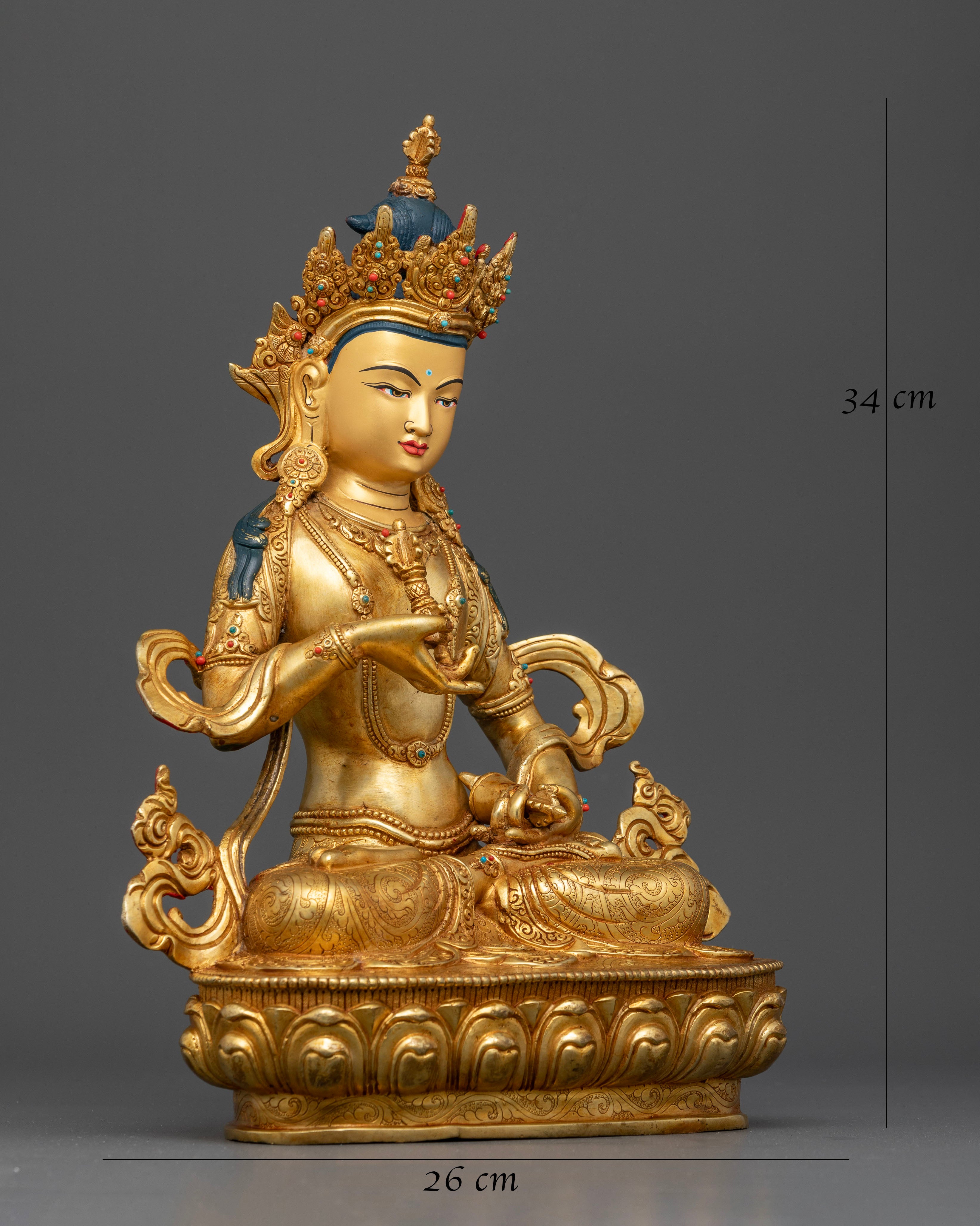 Side View of Himalayan Vajrasattva Copper Statue Seated on Lotus Pedestal