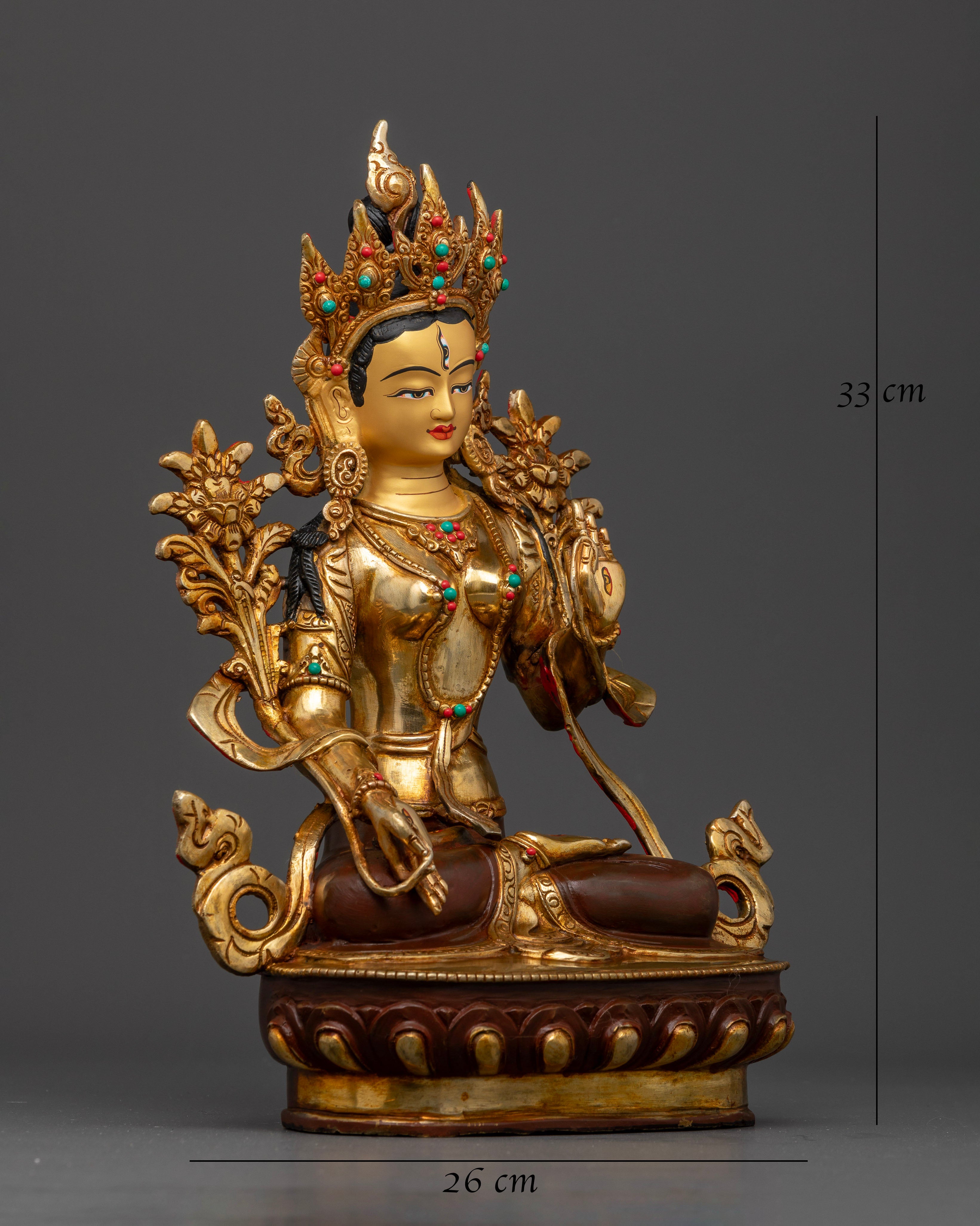 Side View of Himalayan White Tara Copper Statue Seated on Lotus Pedestal