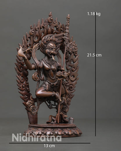 Side view of Himalayan wrathful deity statue depicting dynamic posture standing over human figure symbolizing transformation and protection