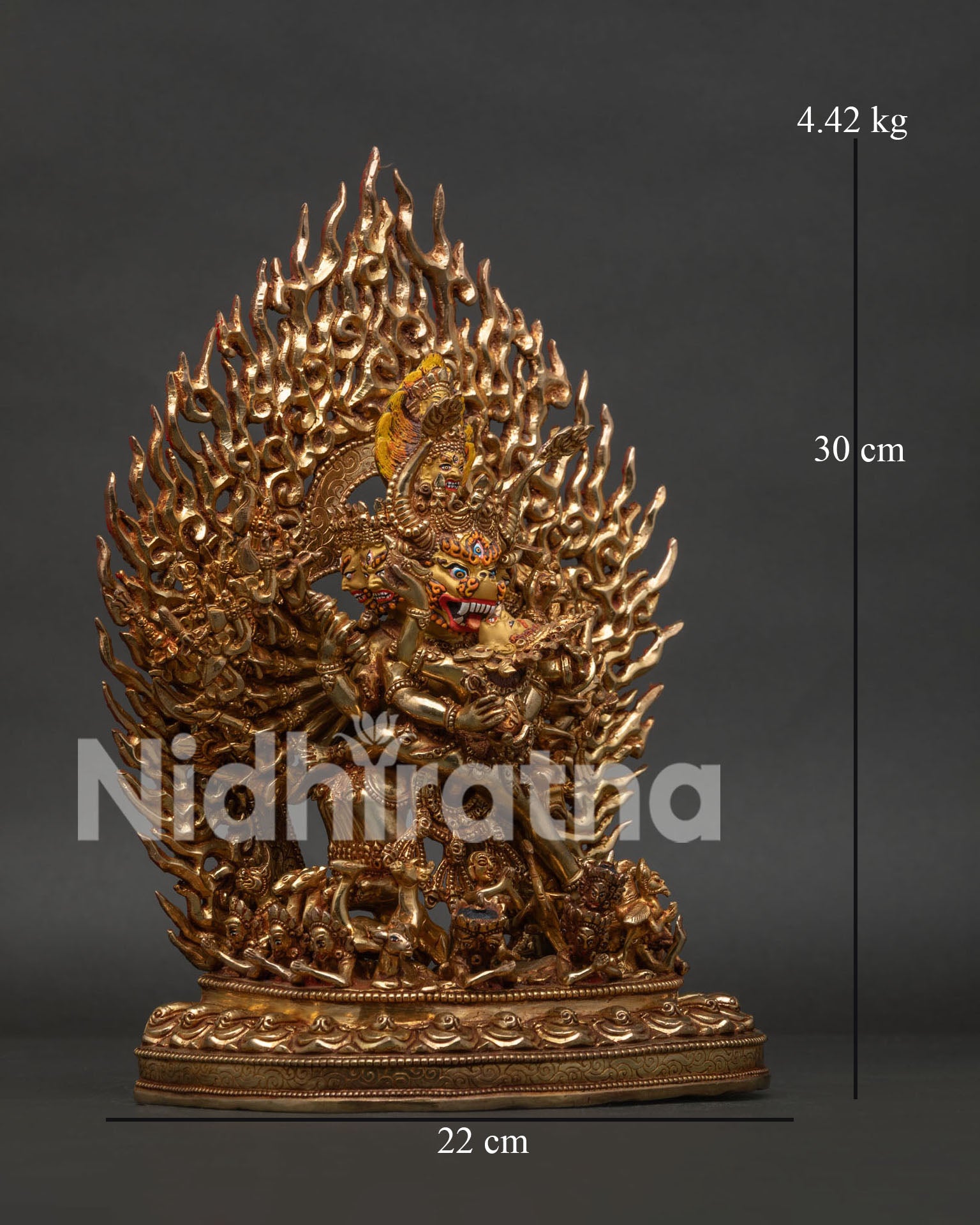 Side View of Himalayan Yamantaka Copper Statue with his Consort Vajravetali