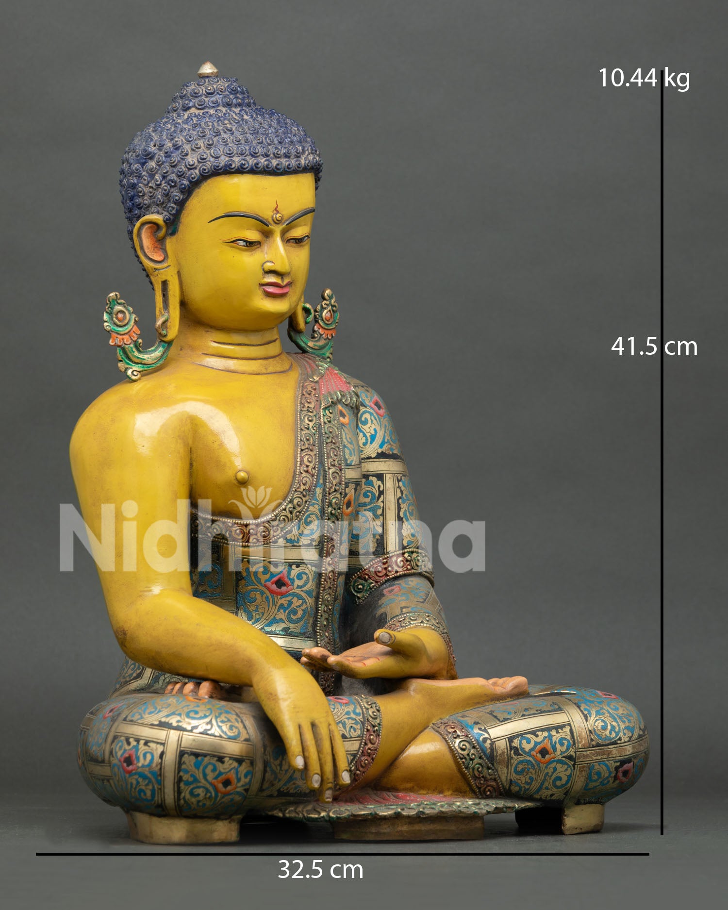 Side view of Historical Buddha in Bhumisparsha mudra seated on lotus throne with floral robe patterns