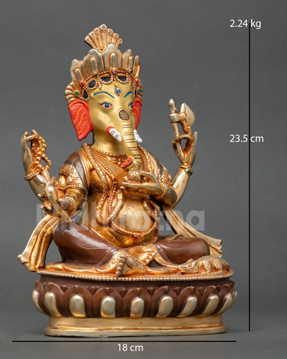Side view of Lord Ganesha seated on a lotus throne in a calm posture, holding sacred attributes in four arms