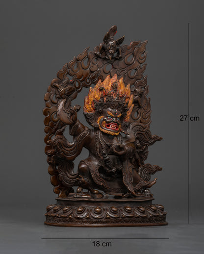 Side view of Mahakala Bernagchen Buddhist protector with blazing flame halo