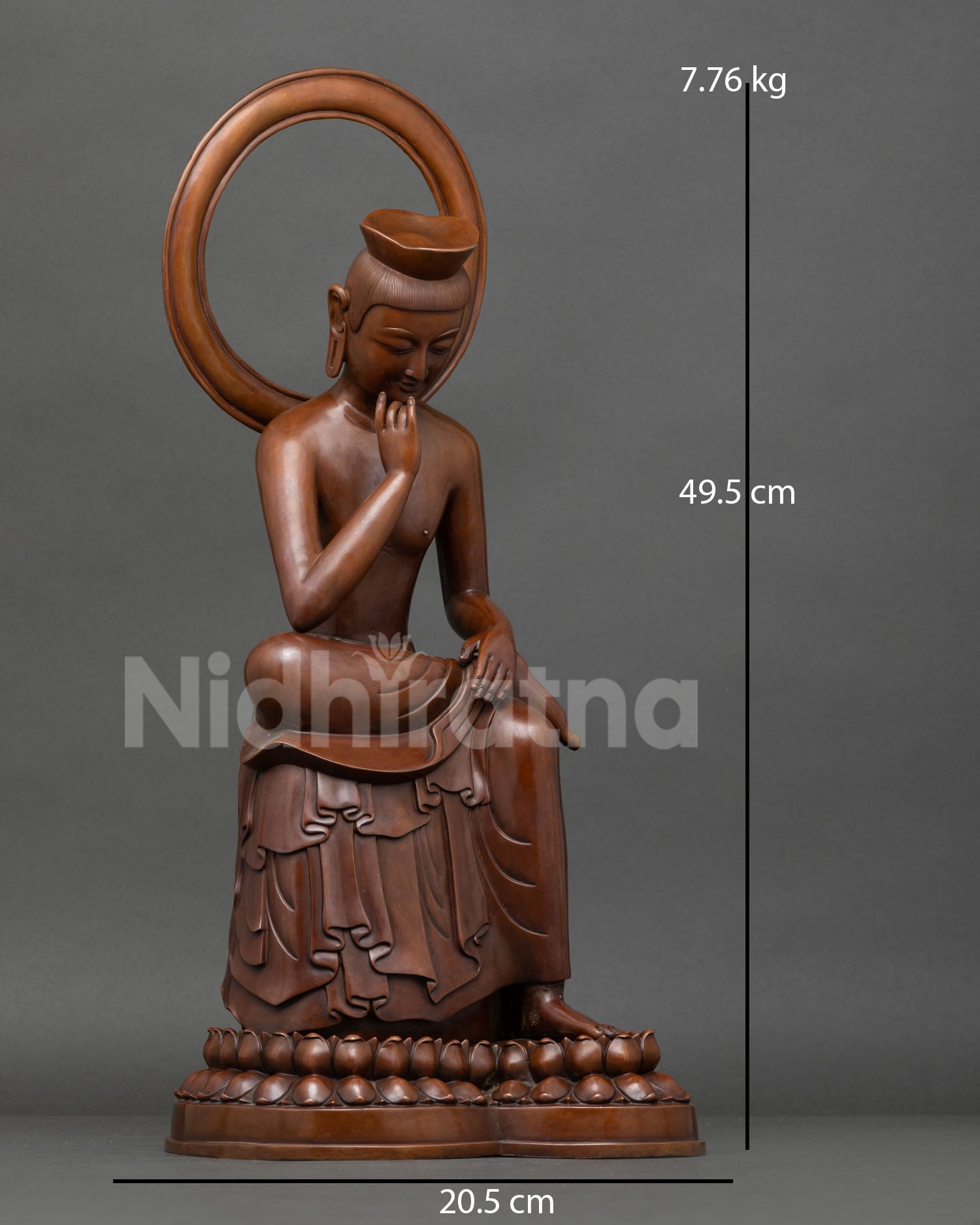 Side View of Maitreya Buddha Statue in half lotus posture seated on lotus throne, flowing robes, oxidized copper Buddhist meditation sculpture