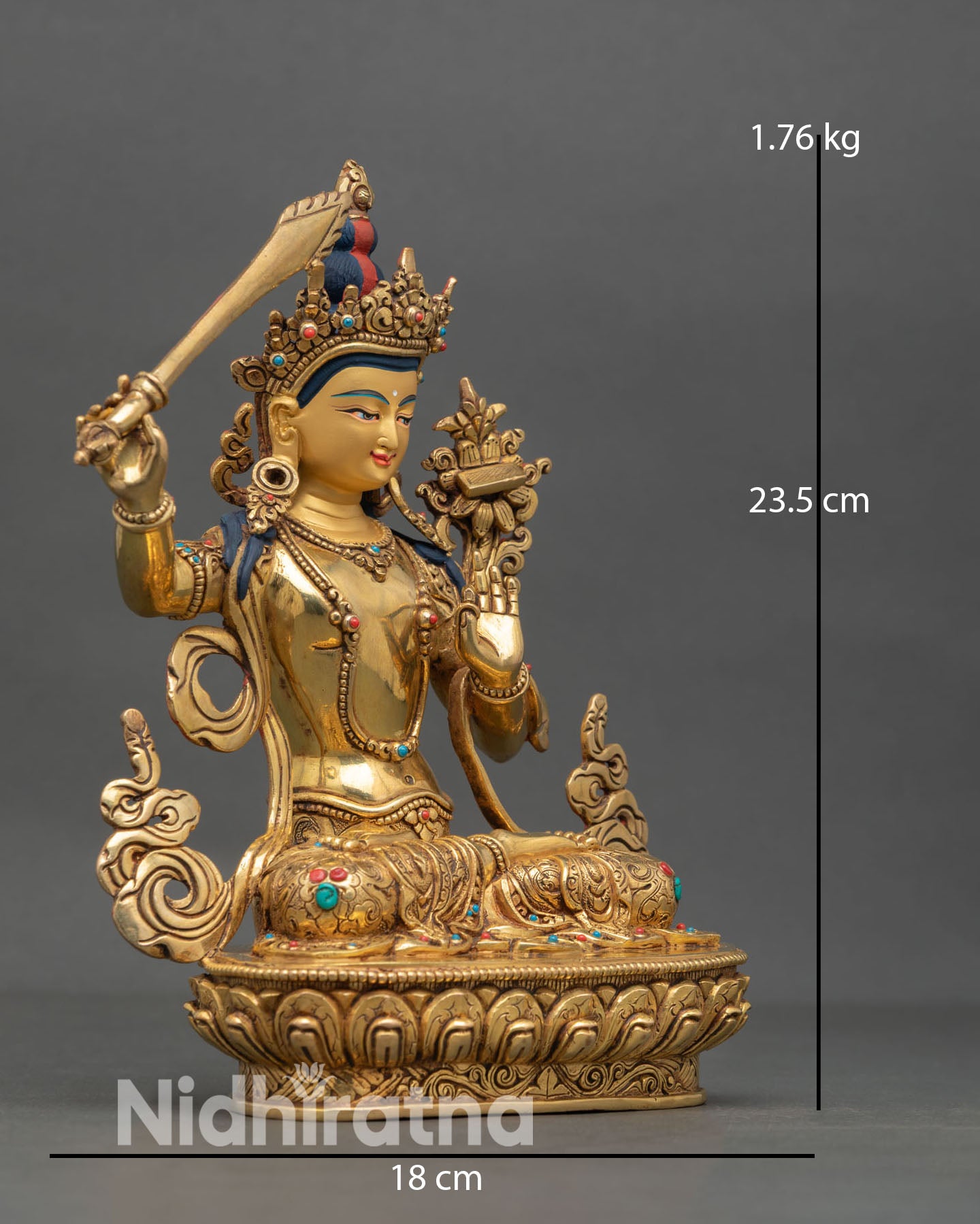 Side view of Manjushree holding wisdom sword and lotus with Prajnaparamita scripture in Himalayan art style
