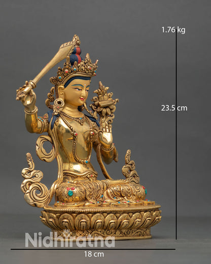 Side view of Manjushree holding wisdom sword and lotus with Prajnaparamita scripture in Himalayan art style