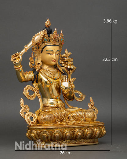 Side view of Manjushri statue double lotus throne Dharmachakra Mudra meditation sacred sculpture