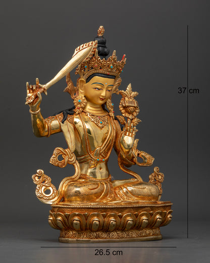 Side view of Manjushri Statue featuring the Prajnaparamita Sutra, flowing robes, and handcrafted Newari craftsmanship